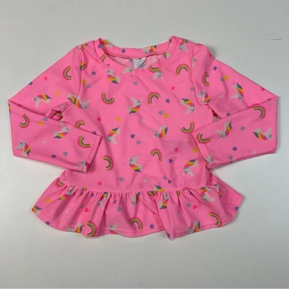 Gap Girls Pink, Unicorn, And Rainbow Rash Guard Size 3t With Ruffled Waist